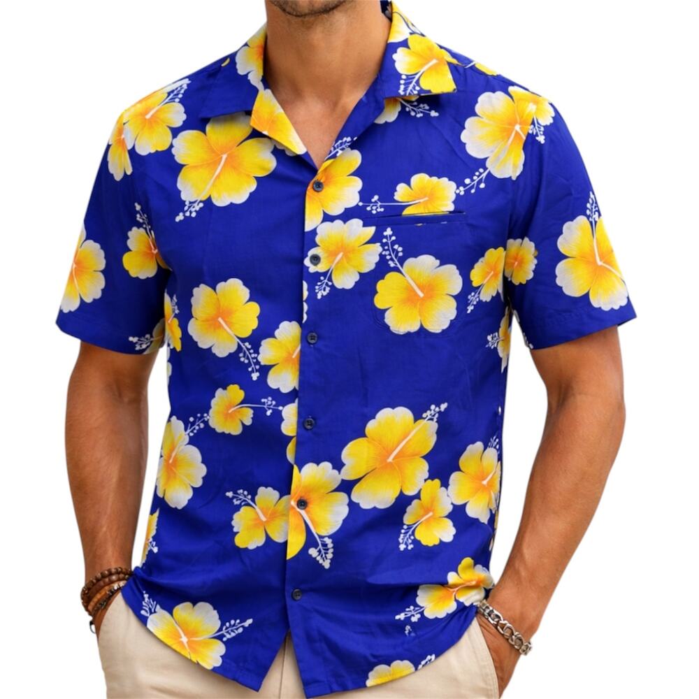 Hilo Hattie Hawaiian Shirt Aloha Camp Button Down Hibiscus Blue Yellow M NWT